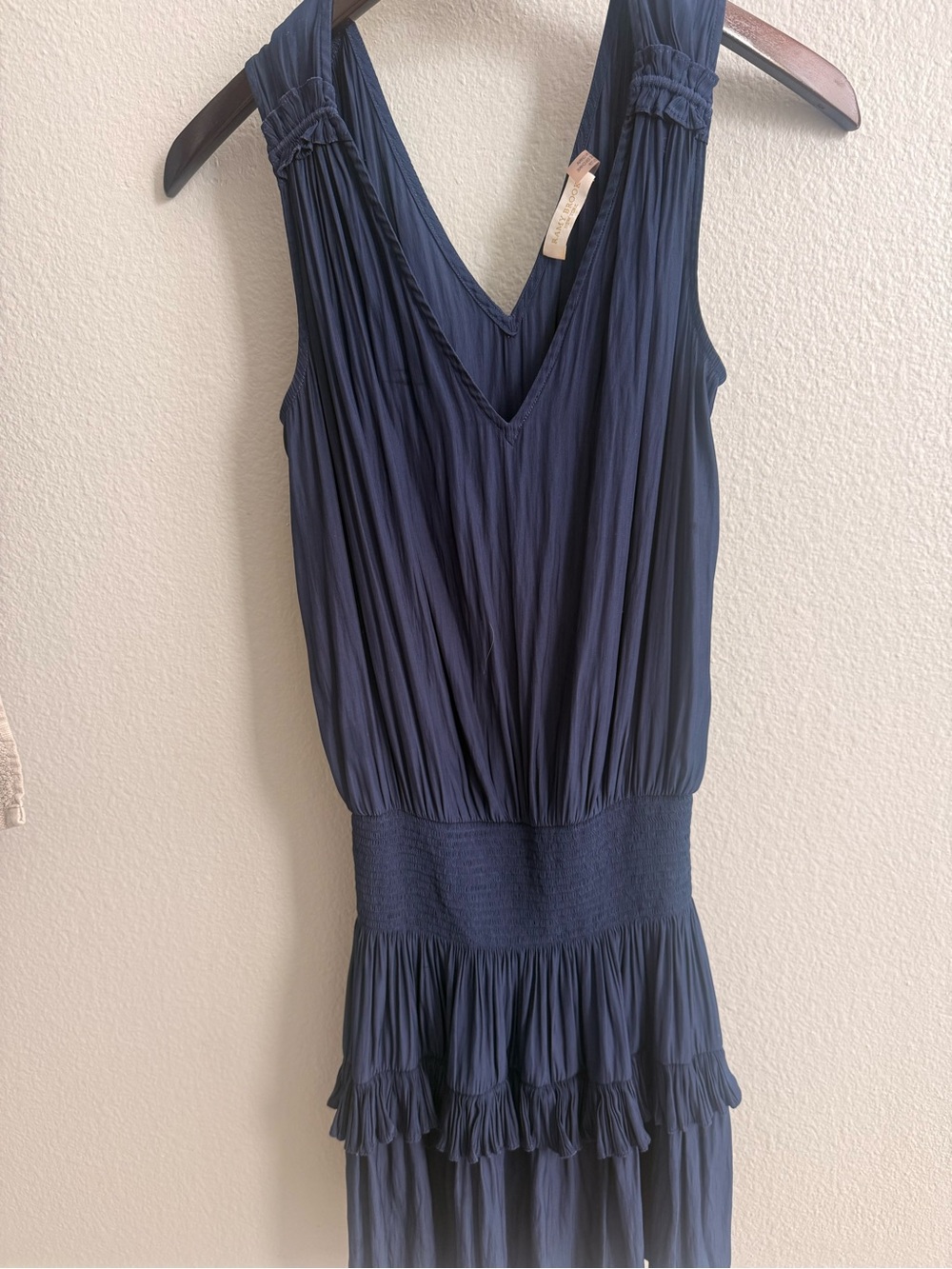 Ramy Brook Navy V-Neck Pleated Smocked-Waist Midi Dress